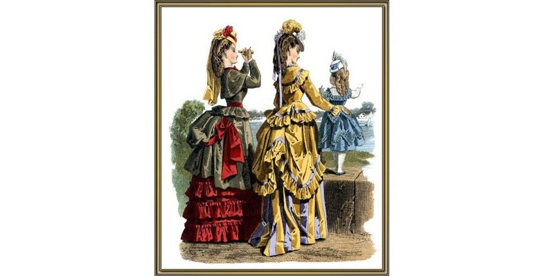 May include: Three women in vintage clothing stand on a path. The woman in the center is wearing a yellow dress with a purple trim. The woman on the left is wearing a green dress with a red skirt. The woman on the right is wearing a blue dress. All three women are looking to the right.