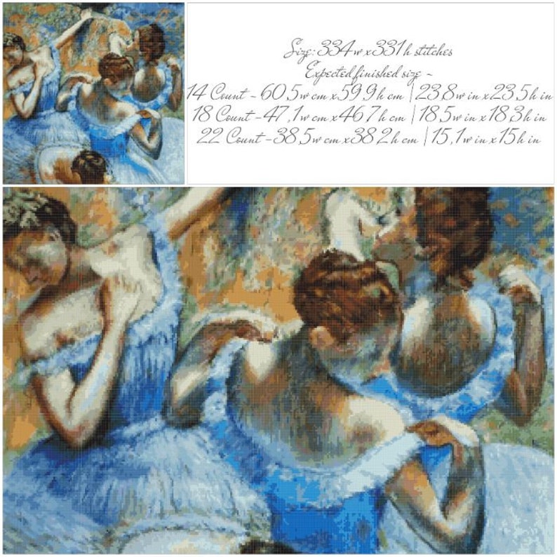 PDF Counted Vintage Cross Stitch Pattern | Blue Dancers | Edgar Degas 1897 | 4 Sizes | Highly Detailed Stitch image 4