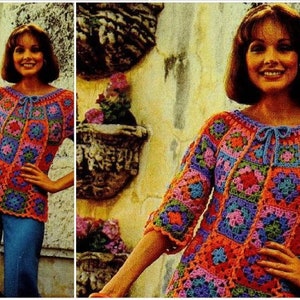 May include: A woman is wearing a colourful crocheted top with a square pattern. The top has a tie at the neckline and is made with different shades of pink, blue, green, and orange yarn.