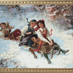 May include: Three girls in winter clothing are sledding down a snowy hill. The girl in the front is wearing a red and white dress and a red hat. The girl in the middle is wearing a blue dress and a blue hat. The girl in the back is wearing a brown coat and a brown hat.