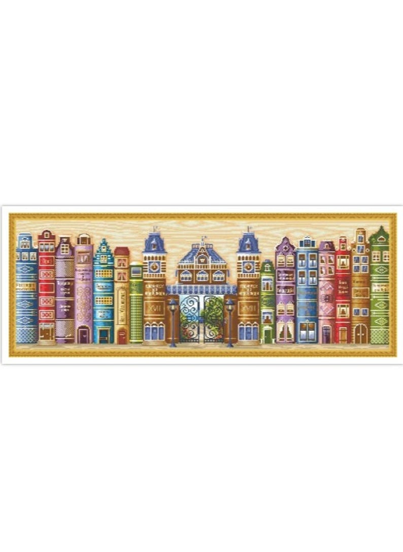 May include: A colourful illustration of a row of books with intricate details, resembling a cityscape. The books are arranged in a row, with each book featuring a different colour and design. The books are topped with decorative elements, such as windows, doors, and roofs, creating the illusion of a miniature city.