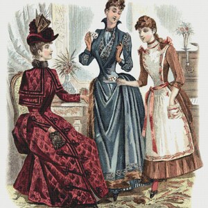 May include: Three women in vintage clothing are gathered around a table, enjoying tea time. The woman in the center is wearing a blue dress with a floral pattern, while the woman on the left is wearing a red dress with black trim. The woman on the right is wearing a white apron over a brown dress.
