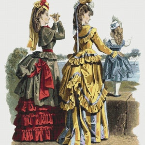 May include: Three women in 19th-century fashion, two wearing elaborate dresses with ruffles and bows, and one wearing a blue dress with a white hat. The woman in the center is holding a telescope.