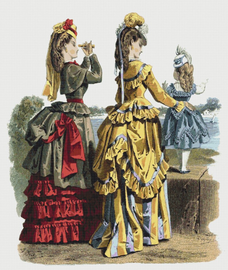 May include: Three women in 19th-century fashion, two wearing elaborate dresses with ruffles and bows, and one wearing a blue dress with a white hat. The woman in the center is holding a telescope.
