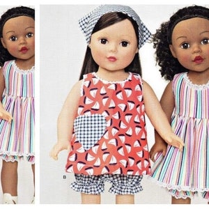 May include: Two dolls wearing different summer dresses. One doll is wearing a red and white dress with a gingham pocket and a blue and white gingham bloomer. The other doll is wearing a multi-coloured striped dress with a white lace trim and a white lace trimmed bloomer.