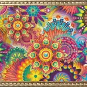 May include: A colorful abstract design with a variety of shapes and patterns. The design features a mix of bright colors, including red, orange, yellow, green, blue, and purple. The design is framed in a gold frame.