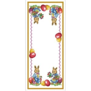May include: A white table runner with a scalloped border. The border is decorated with a repeating pattern of yellow, red, and green Easter eggs, flowers, and bunnies. The bunnies are holding baskets of eggs.