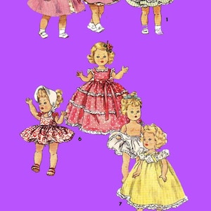 May include: Illustration of vintage dolls in various dresses and outfits. The dolls are depicted in a variety of poses, wearing dresses in pink, green, and yellow. The image also includes dress patterns at the bottom.
