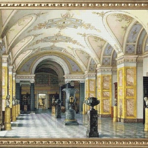 May include: A painting depicting a grand hall with high ceilings and ornate columns. The hall is decorated with intricate details and features a marble floor. The painting is framed in a gold frame.