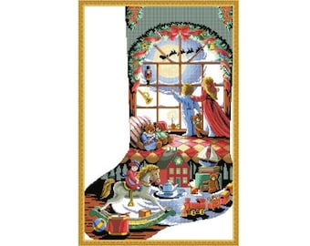 May include: A Christmas stocking with a red and white checkered pattern. The stocking is filled with toys, including a rocking horse, a teddy bear, and a train. The stocking is decorated with a wreath of holly and a bow. The scene is set in a room with a window and a moon outside. The text "Merry Christmas" is visible in the image.