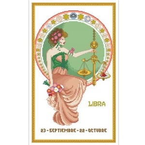 May include: A vintage-style illustration of the Libra zodiac sign. A woman in a green and peach dress sits on a scale, holding a bouquet of flowers. The background is green with a gold circle around the woman and scale. The text "LIBRA" is below the woman and the text "23-SEPTEMBER-22-OCTUBRE" is below the text "LIBRA".