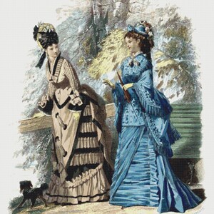May include: Two women in fashionable dresses from the late 19th century. The woman on the left wears a beige dress with black trim and a large hat. The woman on the right wears a blue dress with a blue shawl and a hat with flowers. Both women are standing in a garden setting.