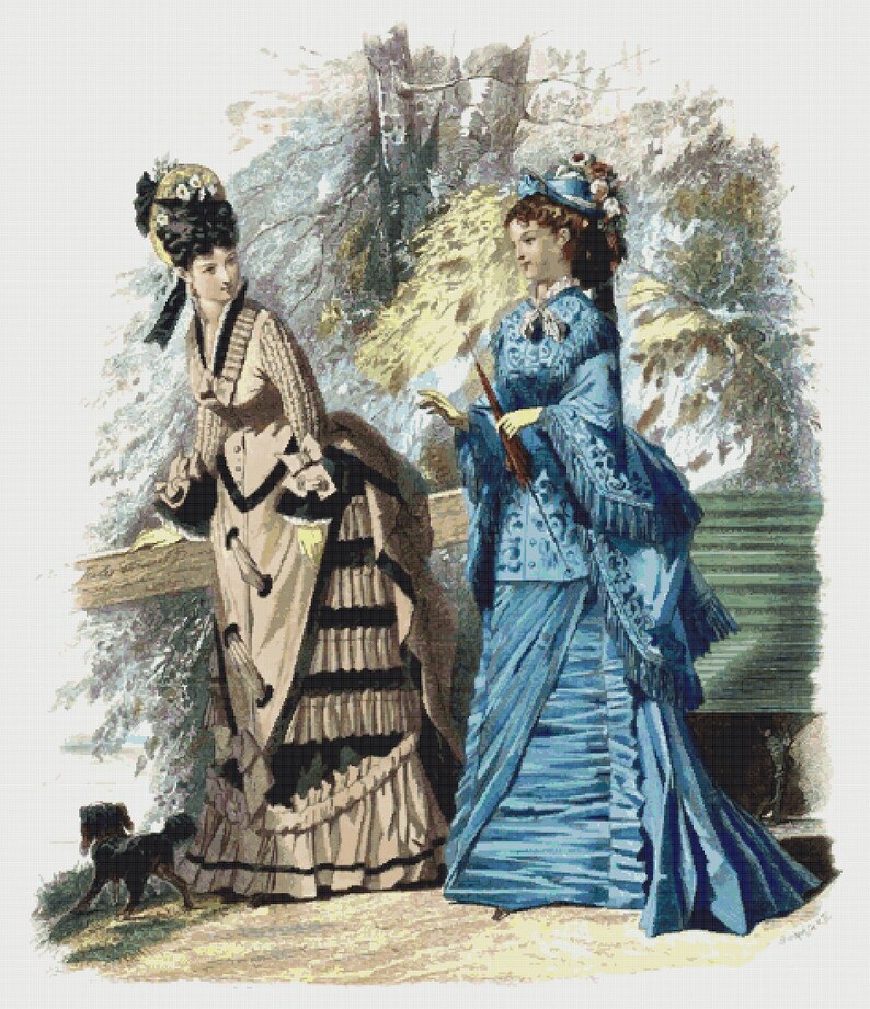 May include: Two women in fashionable dresses from the late 19th century. The woman on the left wears a beige dress with black trim and a large hat. The woman on the right wears a blue dress with a blue shawl and a hat with flowers. Both women are standing in a garden setting.