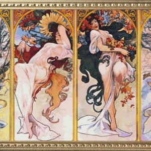 May include: A framed artwork depicting four women in a decorative frame. The women are depicted in different seasons, with each woman wearing a flowing white dress and holding a bouquet of flowers. The artwork is painted in a style reminiscent of Art Nouveau.