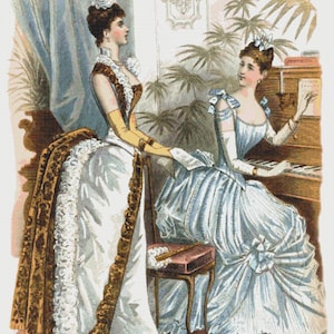 May include: Two women in elaborate dresses pose in a room with a piano. One woman is playing the piano while the other woman stands next to her. The woman playing the piano is wearing a light blue dress with a white trim. The woman standing is wearing a white dress with a brown and gold patterned trim.