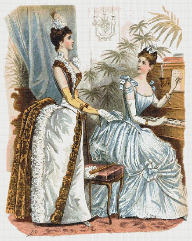 May include: Two women in elaborate dresses pose in a room with a piano. One woman is playing the piano while the other woman stands next to her. The woman playing the piano is wearing a light blue dress with a white trim. The woman standing is wearing a white dress with a brown and gold patterned trim.