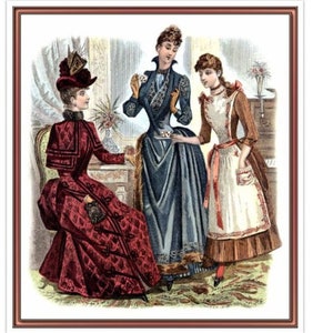 May include: Three women in vintage clothing pose for a portrait. The woman on the left wears a burgundy dress with a black hat. The woman in the center wears a blue dress with a white collar and a black hat. The woman on the right wears a white apron over a brown dress.