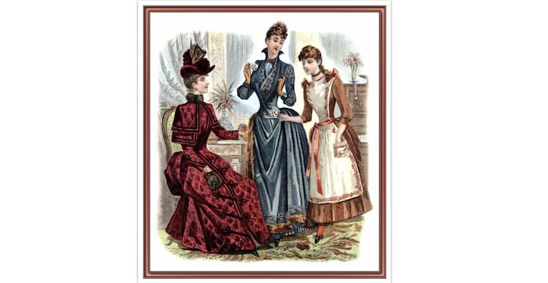 May include: Three women in vintage clothing pose for a portrait. The woman on the left wears a burgundy dress with a black hat. The woman in the center wears a blue dress with a white collar and a black hat. The woman on the right wears a white apron over a brown dress.