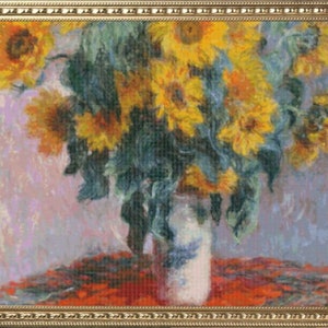 May include: A still life painting of a bouquet of yellow sunflowers in a white vase. The sunflowers are arranged in a loose, natural way, and the vase is simple and elegant. The background is a soft, muted purple.