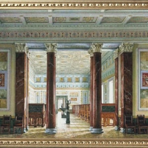 May include: A painting depicting a grand, ornate interior with marble columns and a high ceiling. The room is filled with rows of wooden chairs and a decorative fountain in the centre.