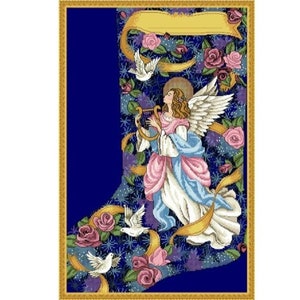 May include: A blue Christmas stocking with a gold frame features a white angel playing a harp surrounded by pink roses and white doves. The stocking has a gold ribbon and a banner with a blank space for personalisation.