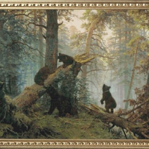 May include: A painting of a forest scene with three bears. The bears are brown and black and are standing in a clearing in the forest. The forest is lush and green, and the sun is shining through the trees.