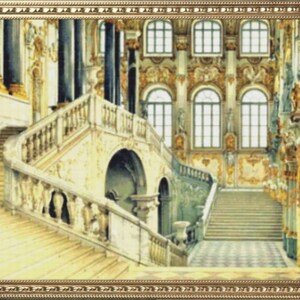 May include: A grand, ornate staircase with intricate carvings and a gold-trimmed frame. The staircase is made of white marble and has a series of steps leading up to a landing. The walls are decorated with paintings and sculptures.
