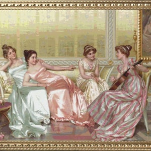 May include: Four women in a room with ornate furniture and a large window. Three women are seated on a couch, while one woman stands and plays a stringed instrument. The women are wearing long, flowing dresses in shades of pink, white, and green.