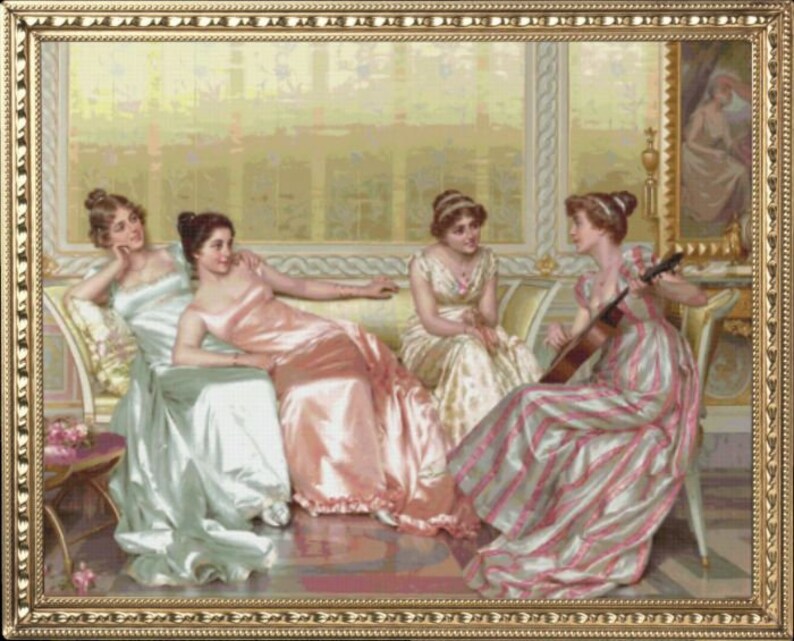 May include: Four women in a room with ornate furniture and a large window. Three women are seated on a couch, while one woman stands and plays a stringed instrument. The women are wearing long, flowing dresses in shades of pink, white, and green.