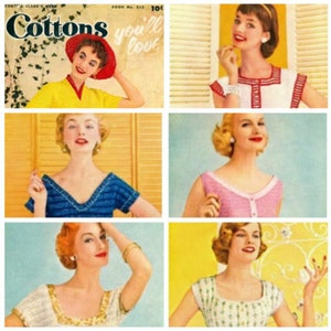 Puede incluir: Un folleto de patrones de costura vintage con cinco mujeres que llevan diferentes estilos de vestidos de algodón. La portada del folleto muestra el texto "Cottons you'll love" y un precio de 10 centavos.