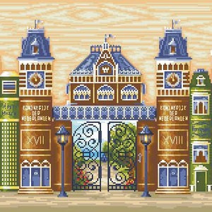 May include: A colourful illustration of a row of books with intricate designs and titles. The books are arranged in a row, with a gate in the centre. The gate is made of metal and has a decorative design. The books are all different colours and have different designs. The illustration is a whimsical and charming depiction of a library or bookshop.