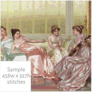 May include: Three women in a room with a light yellow background. The woman on the right is playing a guitar. The woman in the middle is wearing a pink dress and the woman on the left is wearing a white dress. The room has a couch and a window.