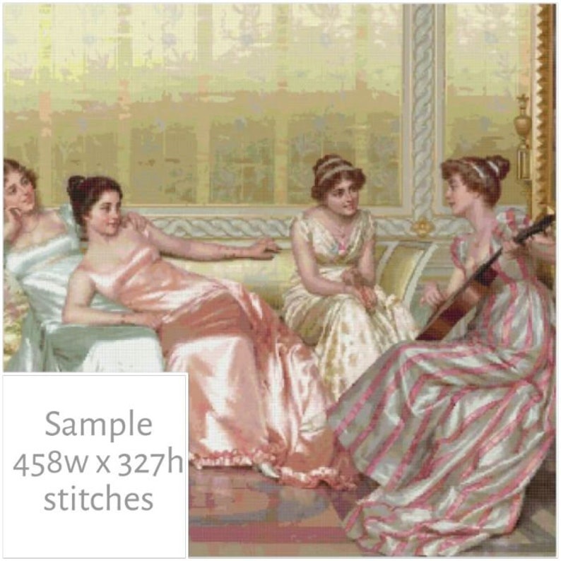 May include: Three women in a room with a light yellow background. The woman on the right is playing a guitar. The woman in the middle is wearing a pink dress and the woman on the left is wearing a white dress. The room has a couch and a window.