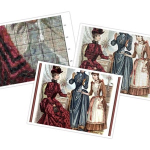 May include: Three women in late 19th century fashion, wearing hats and dresses, are gathered together in a room. The woman on the left is wearing a red and black dress, the woman in the center is wearing a blue dress, and the woman on the right is wearing a brown dress with a white apron.