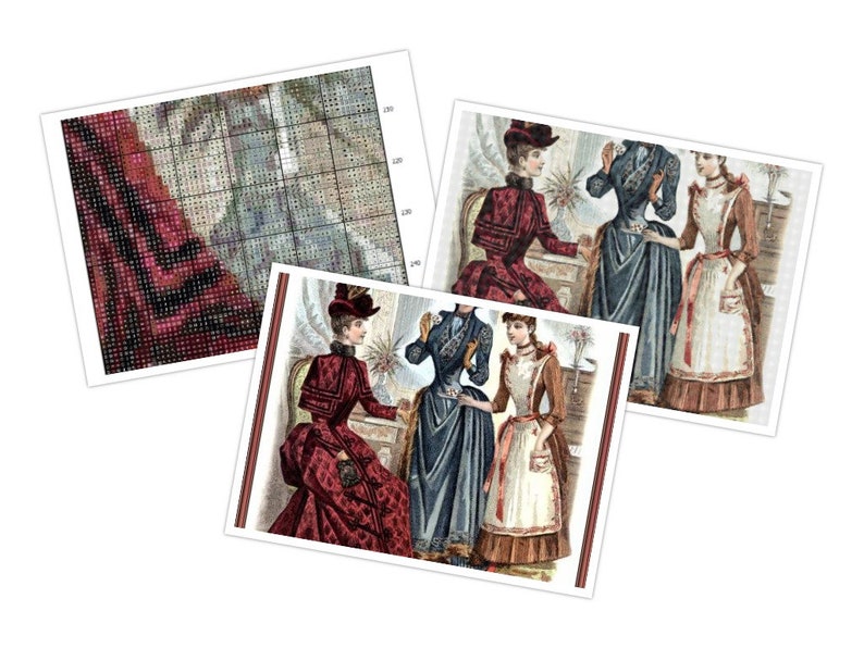 May include: Three women in late 19th century fashion, wearing hats and dresses, are gathered together in a room. The woman on the left is wearing a red and black dress, the woman in the center is wearing a blue dress, and the woman on the right is wearing a brown dress with a white apron.