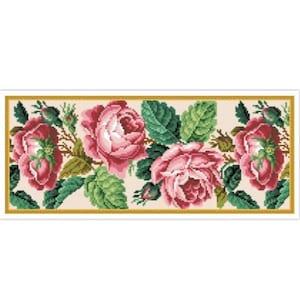 Puede incluir: Un borde floral de estilo vintage con rosas rosas y hojas verdes sobre un fondo crema. Las rosas están dispuestas en una fila horizontal con sus tallos y hojas extendiéndose desde el centro.
