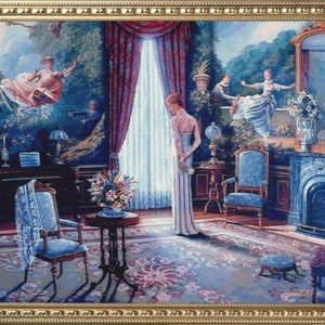 May include: A painting depicting a Victorian-era interior with a woman in a long white dress standing in the center of the room. The room features a blue armchair, a table with a vase of flowers, and a large window with a view of a garden. The painting is framed in a gold frame.