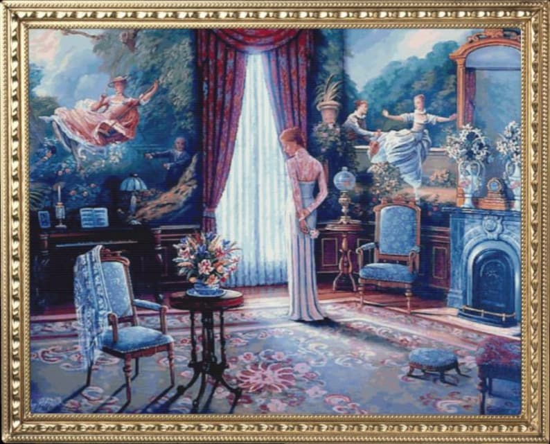 May include: A painting depicting a Victorian-era interior with a woman in a long white dress standing in the center of the room. The room features a blue armchair, a table with a vase of flowers, and a large window with a view of a garden. The painting is framed in a gold frame.