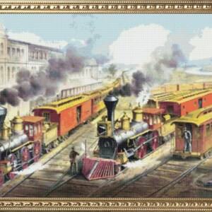May include: A vintage illustration of two steam locomotives pulling a train of passenger cars. The locomotives are black and red with gold accents. The train is traveling through a city with buildings in the background.