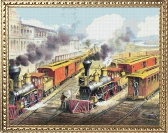 PDF Counted Vintage Cross Stitch Pattern | Mail Train | 3 Sizes | Highly Detailed Cross Stitch Pattern