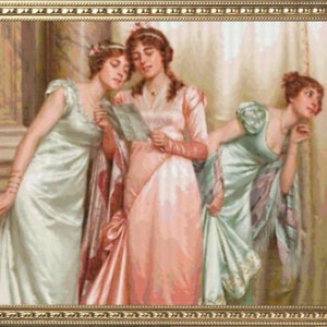 May include: Three women in a painting, wearing elegant dresses in shades of green, pink, and white. The women are standing in a room with a large window and a patterned rug. The woman in the center is holding a letter and appears to be reading it to the woman on the left. The woman on the right is looking away from the other two women.