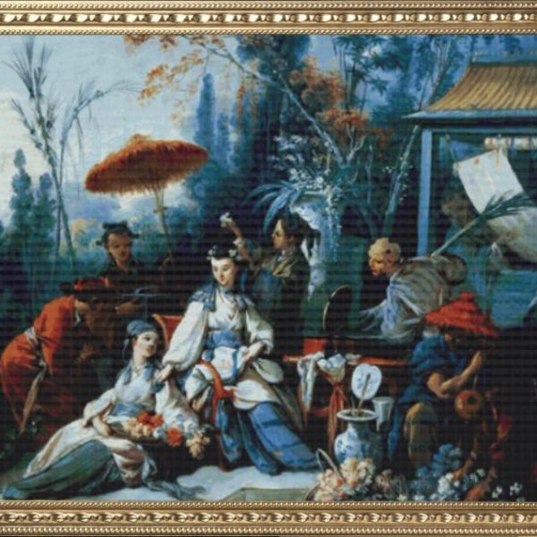 PDF Counted Vintage Cross Stitch Pattern | Chinese Garden | Francois Boucher 1742 | 5 Sizes | Highly Detailed Cross Stitch Pattern