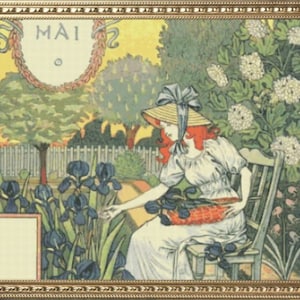 PDF Counted Vintage Cross Stitch Pattern | Garden Calendar for May | Female Gardener | 1800s | 5 Sizes | Highly Detailed Stitch