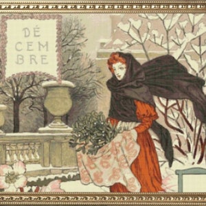 PDF Counted Vintage Cross Stitch Pattern | Garden Calendar for December | Female Gardener | 1800s | 5 Sizes | Highly Detailed Stitch