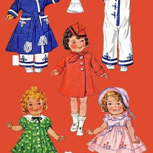 May include: A vintage illustration of paper dolls with different outfits. The dolls are shown in a blue sailor dress, a white jumpsuit, a red coat, a green dress, and a pink dress. Additional clothing pieces are also included.
