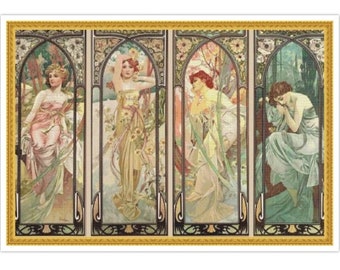 PDF Counted Vintage Cross Stitch Pattern | Four Times of the Day | Alphonse Mucha 1899 | 5 Sizes | Highly Detailed Cross Stitch Pattern