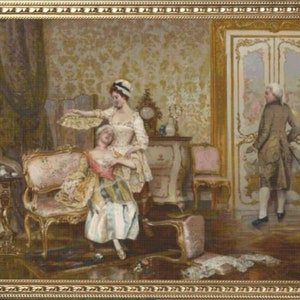 May include: An oil painting depicting a scene in a grand room with three figures. Two women are seated on a chaise lounge, while a man stands in the doorway. The room is decorated in a rococo style with ornate furniture and wallpaper.