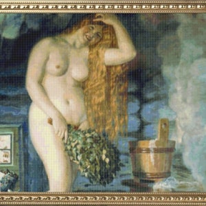 May include: A painting of a woman standing in a steamy room, holding a bundle of leafy branches. She is nude and has long red hair. The room is dimly lit and has wooden walls. There is a wooden bucket in the foreground.