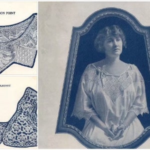 May include: A vintage image of two lace collars, one labeled "Carnation Point" and the other "The Mulberry", and a woman wearing a lace collar in a framed portrait.