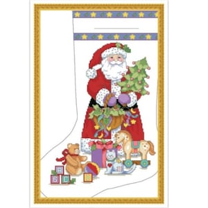 May include: A red and white Christmas stocking with Santa Claus holding a green Christmas tree. The stocking is filled with toys, including a teddy bear, a rocking horse, and a cat.